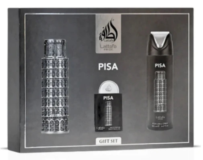 Lattafa Pride Pisa EDP Gift set, 100ml bottle, 30ml bottle and 200 ml body spray