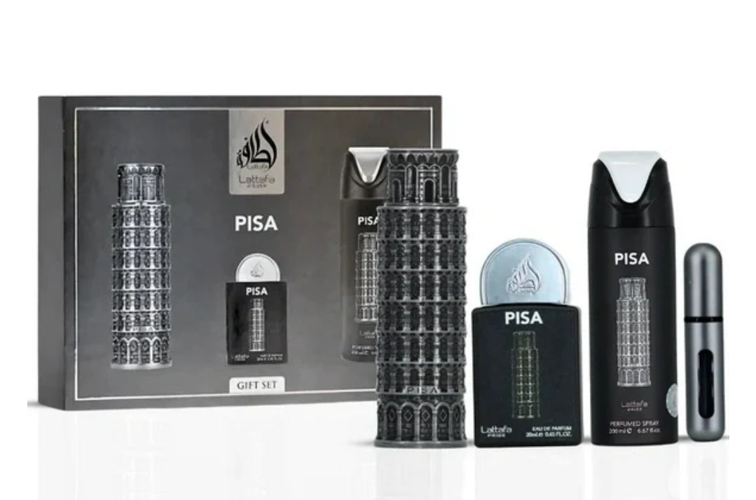 Lattafa Pride Pisa EDP Gift set, 100ml bottle, 30ml bottle and 200 ml body spray