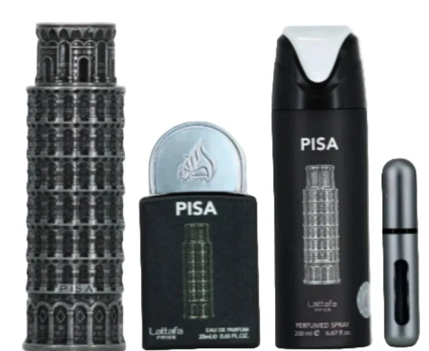Lattafa Pride Pisa EDP Gift set, 100ml bottle, 30ml bottle and 200 ml body spray